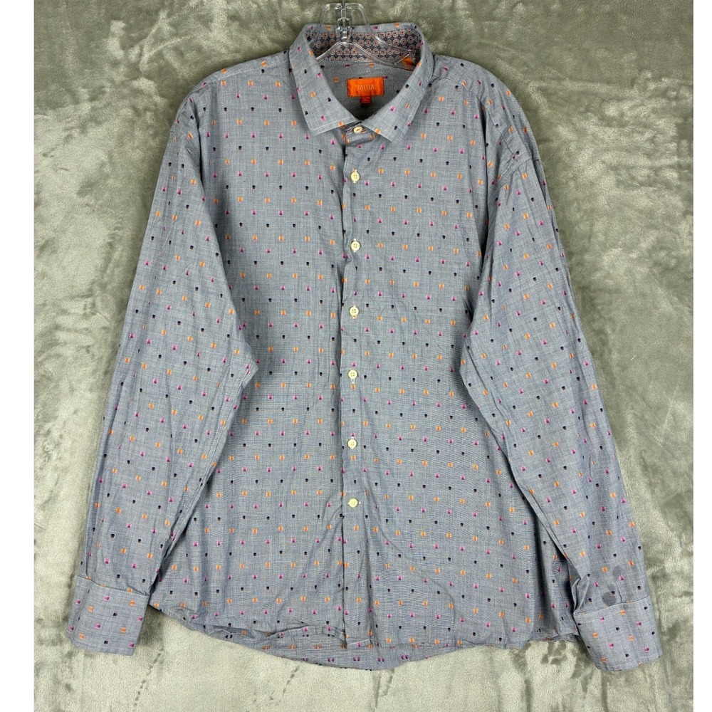 Tallia Mens XXL Blue Geometric Square Print Long Sleeve Cotton Button Down Shirt